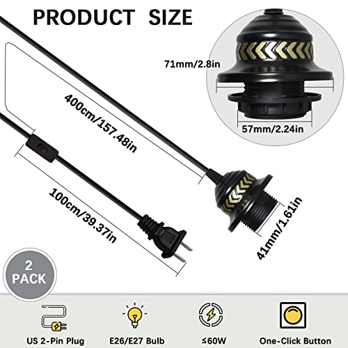 Viseći kabl za fenjer,2 paketa 500cm produžetak viseća lampa kabl za lampu E26 E27 utičnica utikač