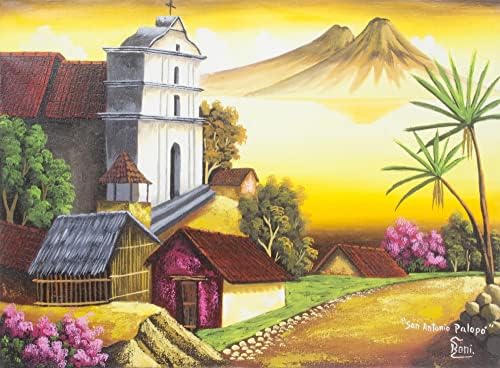 NOVICA primarne ili Draguljske boje žute pejzažne realističke Slike Slika iz Gvatemale 'San Antonio Palopo