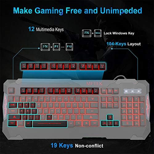 MFTEK igračka tastatura i miš za igre, USB žičana Tastatura sa 104 tastera, 3 boje crvena