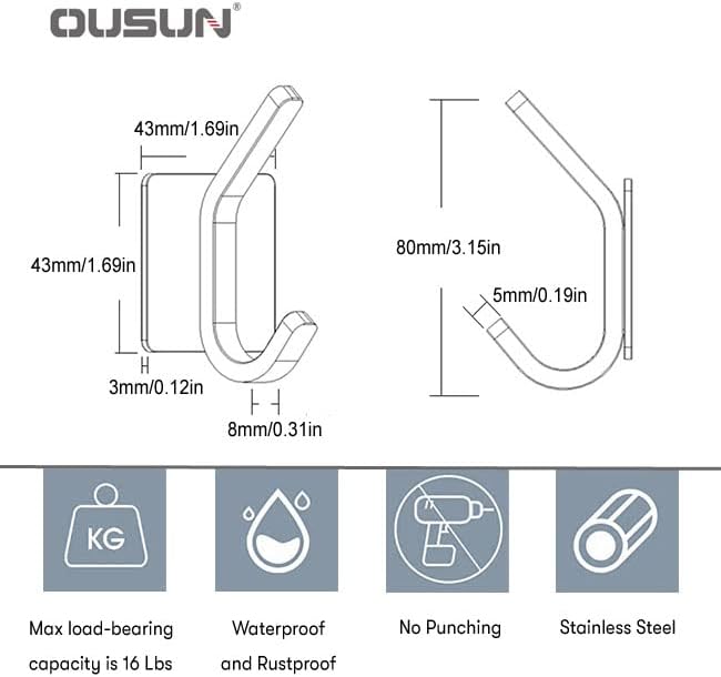 Ousun samoljepljive Zidne kuke za teške uslove rada, kuka za peškire od brušenog nerđajućeg čelika