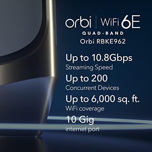 NETGEAR Orbi Quad-Band WiFi 6e Mesh sistem , ruter sa 1 satelitskim Ekstenderom, brzina 10,8 Gbps, pokrivenost