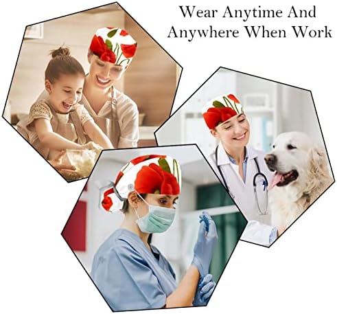 Medicinske kape za žene sa tipkama Duga kosa, 2 komada Podesiva radna kapa, Crveni mak cvjetovi cvjetni