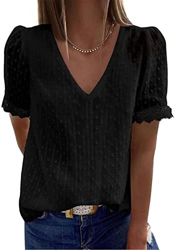 Ženska ljetna majica Elegant V izrez Swiss Dot bluza čipka, kratki rukav Tee vrhovi čvrstih košulja