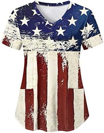 Bluza od 4. Jula za žene američka zastava ljetne kratke rukave V-izrez majice sa 2 džepa bluze praznična
