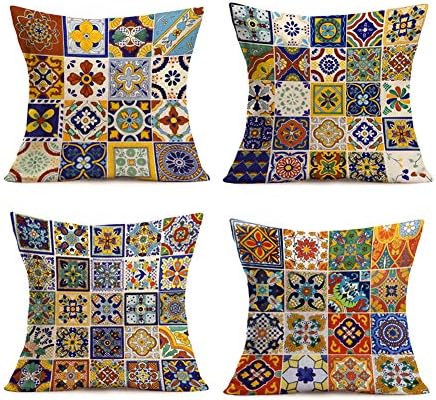 Smilyard set od 4 pamučnog posteljina jastuk za bacanje 18x18 inča Meksičke pločice Kauč jastuk