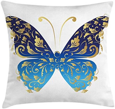 Poklopac jastuka za bacanje životinja, plavi leptir sa valovitim listovima grafički, ukrasni kvadratni jastučni jastuk, 26 x 26, blijedoplava tamno plava zemlja žuta