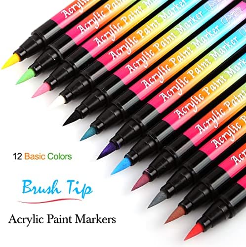Artndiadd akrilne boje za olovke četkica, 12 osnovnih boja akrilni markeri boja. Set za kamenoliranje,