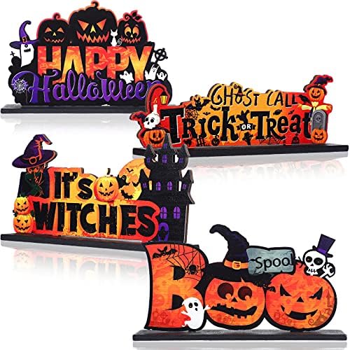Blulu 4 komada Halloween drveni središnji dio Happy Halloween Tabela dekoracije bundeva sto znak sa witch Ghost