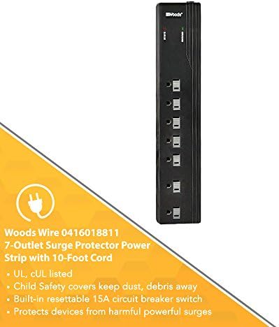 Woods 0416018811 električna traka za zaštitu od prenapona sa 7 utičnica sa kablom od 10 stopa