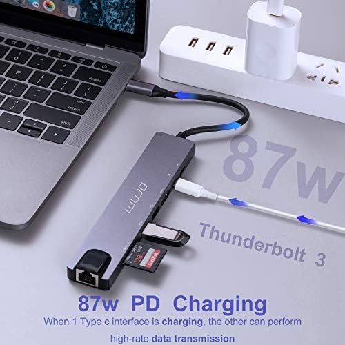 USB C Hub, Wujo 8 u 1 USB C Adapter sa 4K HDMI, 1Gbps Ethernet, 87W Tip C PD,Thunderbolt 3 USBC