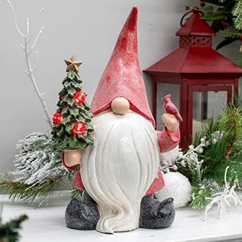 NAPCO Gnome Gnome Holding LED lagana božićna drvca i kardinalna figurica, visina 12 inča, crvena, bijela,