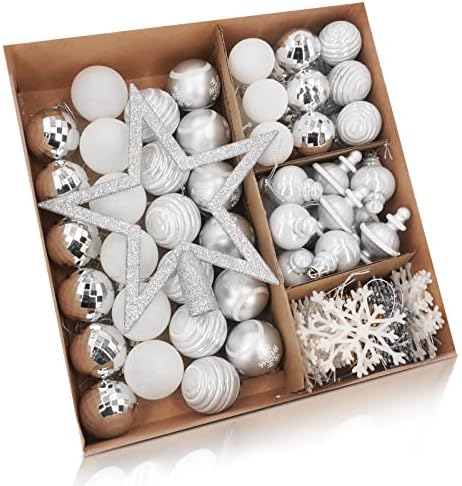 SUMELAY 107 kom Božić kugle ukrasi Set, srebro i bijelo božićno drvce dekoracije, Shatterproof