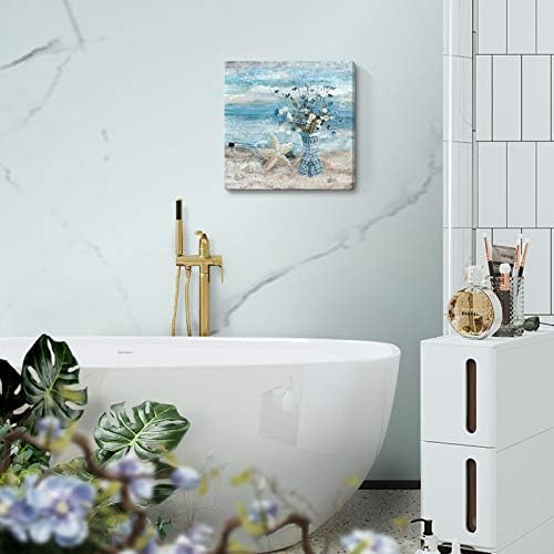 Kupatilo dekor zid Umjetnost plava plaža slika okean tema cvijet platno Print Moderan Obalni morski