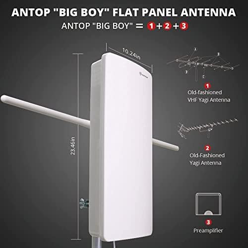 ANTOP vanjski / unutarnji HDTV Antena, Big Boy serija AT-400bv, Smartpass Amplifier, 85 milja domet, UHF/VHF