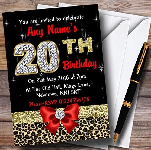 The Card Zoo crveni dijamant i Leopard Ispis 20. rođendana Personalizirane pozivnice