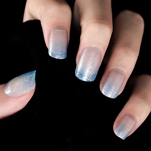 Shimmer Glitter Sky Blue kratki Ombre plavi Faux Ongles kvadratni oblik štampe na noktima jedinstveni