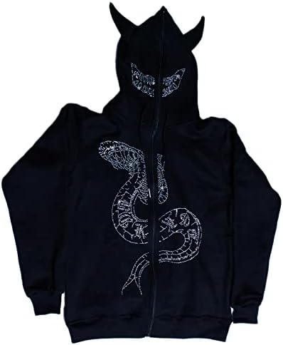 Ponitrack Y2K rhinestone estetička grafika Devil zmija Zip duksela s kapuljačom harajuku Goth prevelizirani