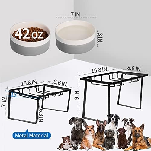 Keramičke posude za pse od 7 inča Set od 2, 42 unce podignute posude za hranu i vodu sa podesivim metalnim postoljem,