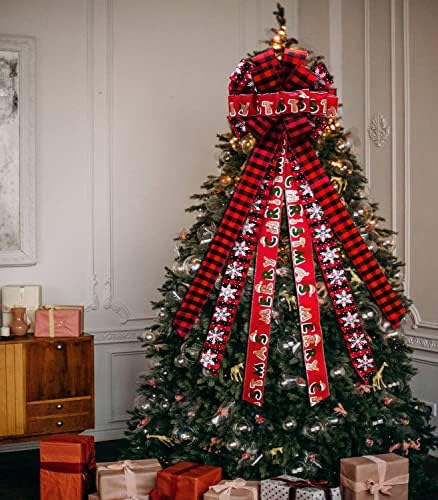 Božićno drveće Topper Dekoracije luka - Veliki crveni plaid Buffalo luk sa snježnim pahuljicama za božićno stablo vijenac Festival za odmor Kućni ukras