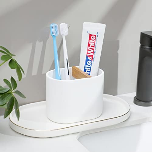 Rejomiik DUGE nosače za četkice za zube bambuso za četkicu za zube za kupaonicu Contertop, Organizator četkica za zub Organizator za skladištenje za držanje toaletne potrepštine i kozmetičke opreme, pasta za zube, britva, bijela