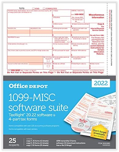 Office Depot® brend 1099-MISC laserski porezni obrasci sa softverom, 4-Dio, 2-Up, 8-1/2 x 11, pakovanje