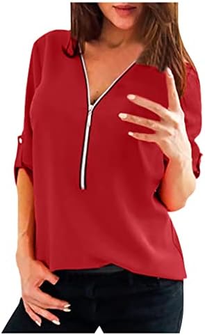 2023 odjeća V izrez Šifon zip up ručak Top Tee za ženske bluze s dugim rukavima jesen ljetne