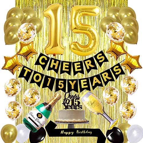 Zlatni 15. rođendan Kit, navijači do 15 godina Banner baloni 15. kolač za torte Rođendan Sash Gold Tinsel Foil Fringe zavjese za 15 rođendana i ukrasnih godina