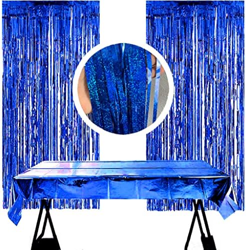 Plavi Streameri, 3 pakovanja sjajnih traka za zavjese dobre vrijednosti + stolnjak od folije za muški rođendan Dan očeva i dekoracija zabave