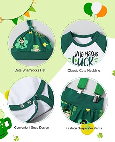 Queenstyle Baby Boy St Patrickov dan Outfit Romper Green + Suspender Hlače sa šeširom novorođenčadi