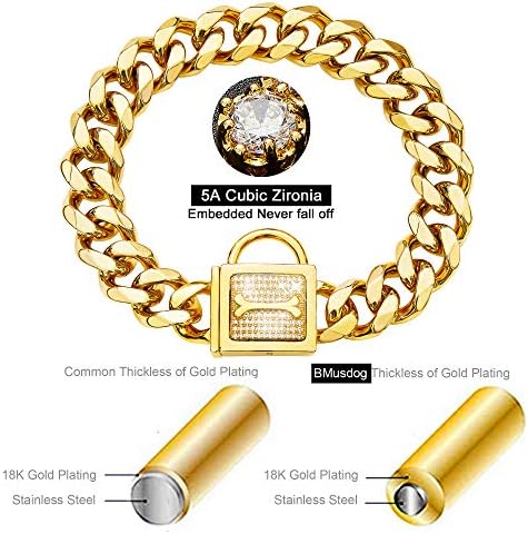 BmusDog zlatni lanac ovratnik sa blagim blagim cz dimonds 19 mm teška debela 18k zlatni kubanski lančani lančani od nehrđajućeg čelika metalni linkovi za šetnju lanac ogrlica za trening