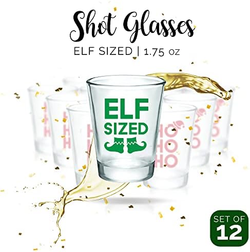 Veličina vilenjaka - 6 crvenih i 6 zelenih božićnih čaša - Set od 12 staklenih šoljica za zabave sa obostranim printovima - praznične koktel čaše za piće, tekilu, votku