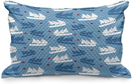 AMBESONNE MARINE Quilted jastuk, ponavljajući nautički dizajn velikih brodova i zvijezda Columbus Day Proslava, standardni poklopac jastuka Queen Veličina za spavaću sobu, 30 x 20, plavo crveno i bijelo