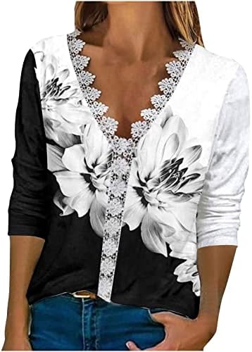 Žensko ljeto 3/4 rukava Tee vrhovi V izrez čipke Trim bluze Modna cvjetna tiskana majica 2023 Ležerne