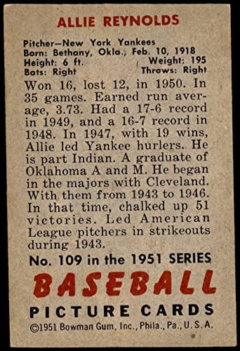 1951 BOWMAN Redovna bejzbol kartica109 Allie Reynolds New York Yankees Stupanj odličan