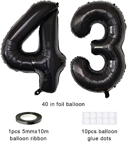XiHuimay broj 43 Baloni 40 inčni digitalni balon abeceda 43 rođendan baloni Digital 43 Helium baloni Veliki baloni za rođendanske potrepštine za vjenčanje Bachelorette Svadbeni tuš, crni broj 43