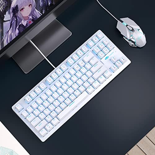 Bijela mehanička tastatura Gamer Gaming Ice Blue Backlit ožičeni TKL 87 tipke za igranje tastatura sa plavim