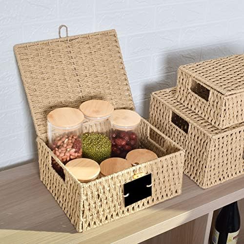 Outbros Storage Box ručno pletene košare sa poklopcem, višenamjenski zaklopljiv za odlaganje kante, košare