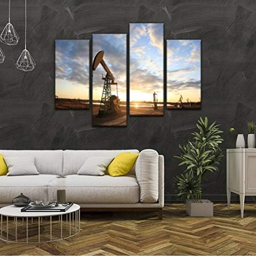 4 ploče platnene slike-pumpjacks, Zalazak sunca Daqing naftnih polja naftne industrije i slike - zidna Umjetnost moderni Posteri uokvireni spremni za Okačenje za kućni zidni dekor