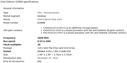 Hegem Intel Celeron G3900 2,8 GHz Dual-Core Dual-Thread 51W CPU procesor LGA 1151