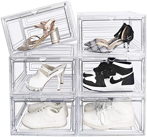 Musera kutije za cipele čiste plastične boje - 6 pakovanja sklopive kutije za obuću za ormar, velike cipele za spremanje cipela kante, tvrdi plastični futrola za cipele sa bočnim poklopcima, pogodna za nas veličine 12 (bijela)