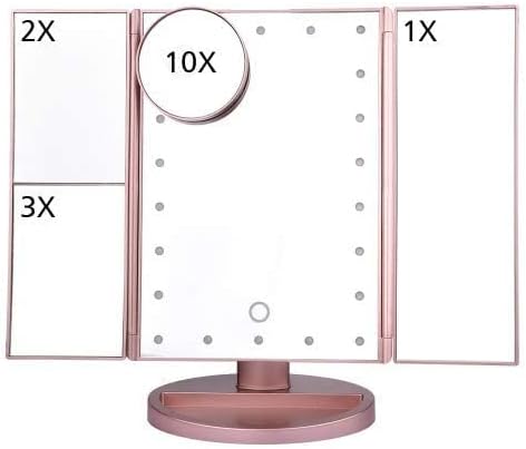 Ogledalo za šminkanje toaletno ogledalo sa svetlima, 1x/2x/3X/10x uvećanje, 22 LED trostruko ogledalo za šminkanje, ekran osetljiv na dodir, dvostruko napajanje, prenosivo LED ogledalo za šminkanje od 180 stepeni, ženski poklon za putovanja