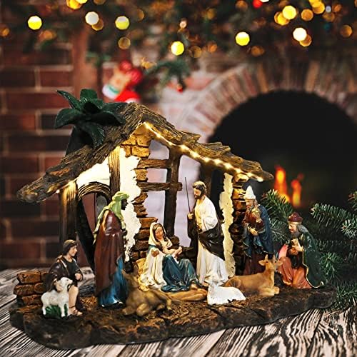 MUMTOP Božić selo jaslica Scene, Holy Family rođenja figurica Set sa toplim svetlima, Baby Isus u jaslama,