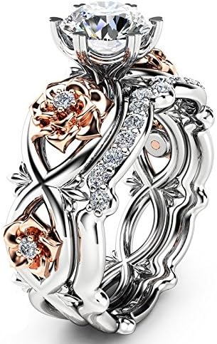 Postavite angažman bijele žene ruže vjenčanje srebrni prsten cvjetni zlatni prstenovi koji odgovaraju prstenovi dinosaurus