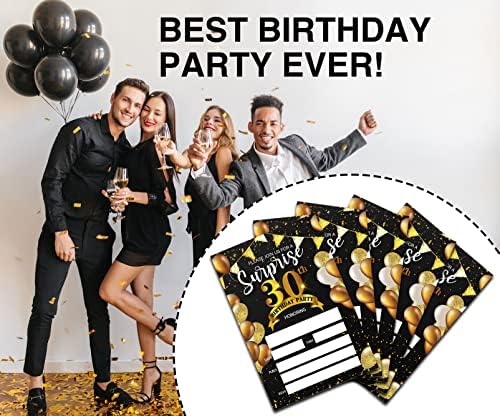 Iznenadite pozivnice 30. rođendana sa kovertama | 4 X6 pozivnice za crne i zlatne rođendane
