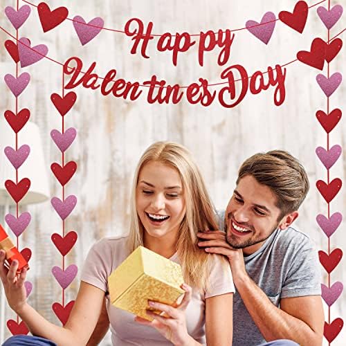 Sretan dan zaljubljenih za Valentine, crvena i ružičasta Glittery Valentines Day Garland Valentines Photo Reads Srčani ukrasi za svadbenu zabavu