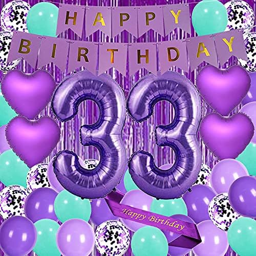 Purple 33rd rođendanski ukrasi zalihe ljubičaste teme Sretan rođendan Sash 40inch folija baloni broj 33 srčani
