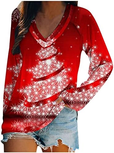 Ženski praznici za božićnu odjeću za žene 2022 majica s dugim rukavima V izrez Grafički izručenje bluza
