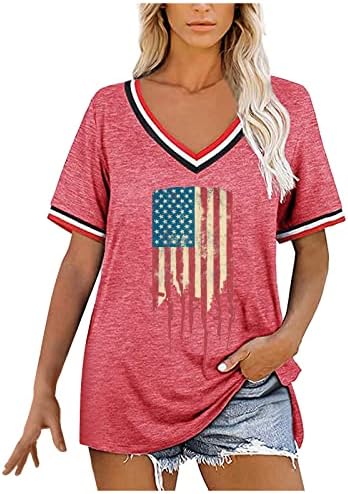 Ljetni vrhovi za žene Casual V izrez T-majice USA Zastava Grafički tee Side Split kratki rukav Košulje Lood Fit
