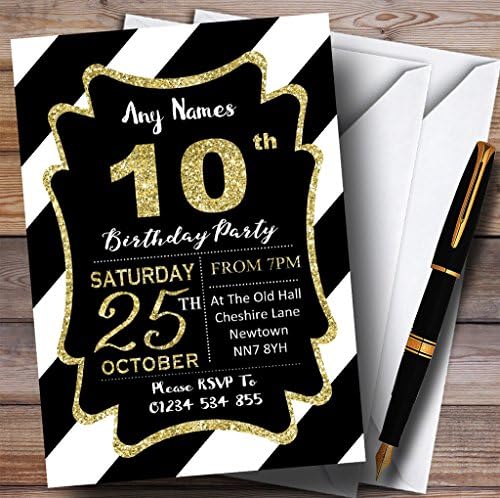Crno bijele dijagonalne pruge zlatne 10. personalizirane rođendane pozivnice