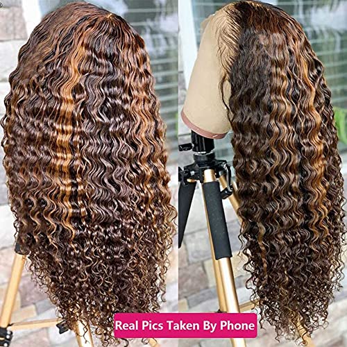 Highlight Deep Wave Wigs Human-Hair - 4/27 Ombre Deep Curly Lace Front Wigs Human Hair HD Transparent Water Wave Lace Frontal Wig 13x1 T Part Wigs for Black Women Honey Blonde 180 Density 28Inch